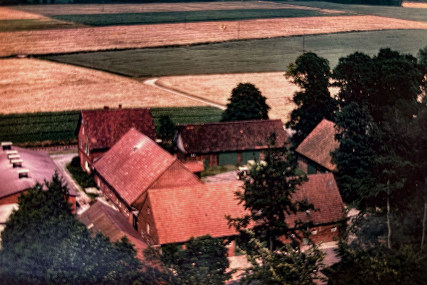 Luftaufnahme Bauernhof Kleine Dütting zeigt alte Gebäude, Scheunen in ländlicher Umgebung.